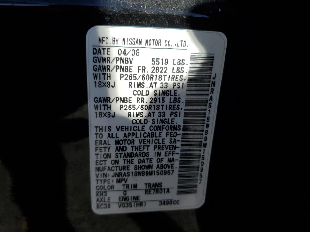 2009 Infiniti Fx35 VIN: JNRAS18W89M150957 Lot: 87336274