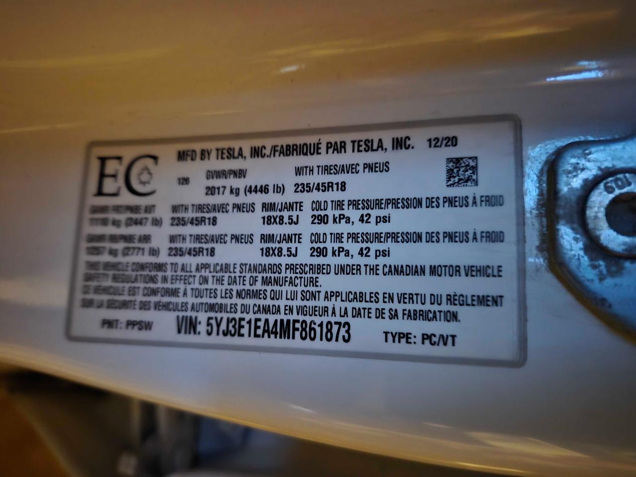2021 Tesla Model 3 VIN: 5YJ3E1EA4MF861873 Lot: 42263675