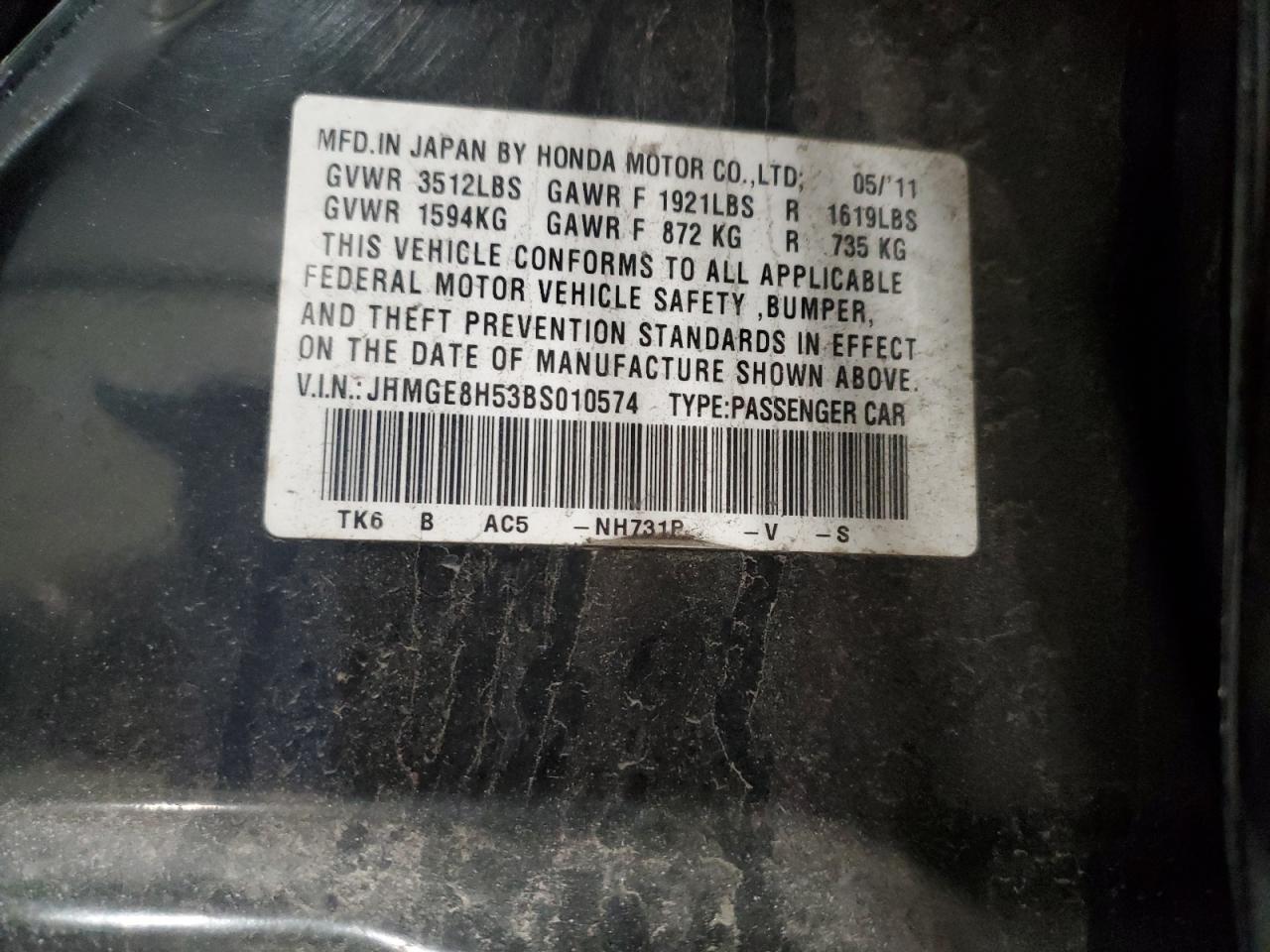 2011 Honda Fit Sport VIN: JHMGE8H53BS010574 Lot: 51494715