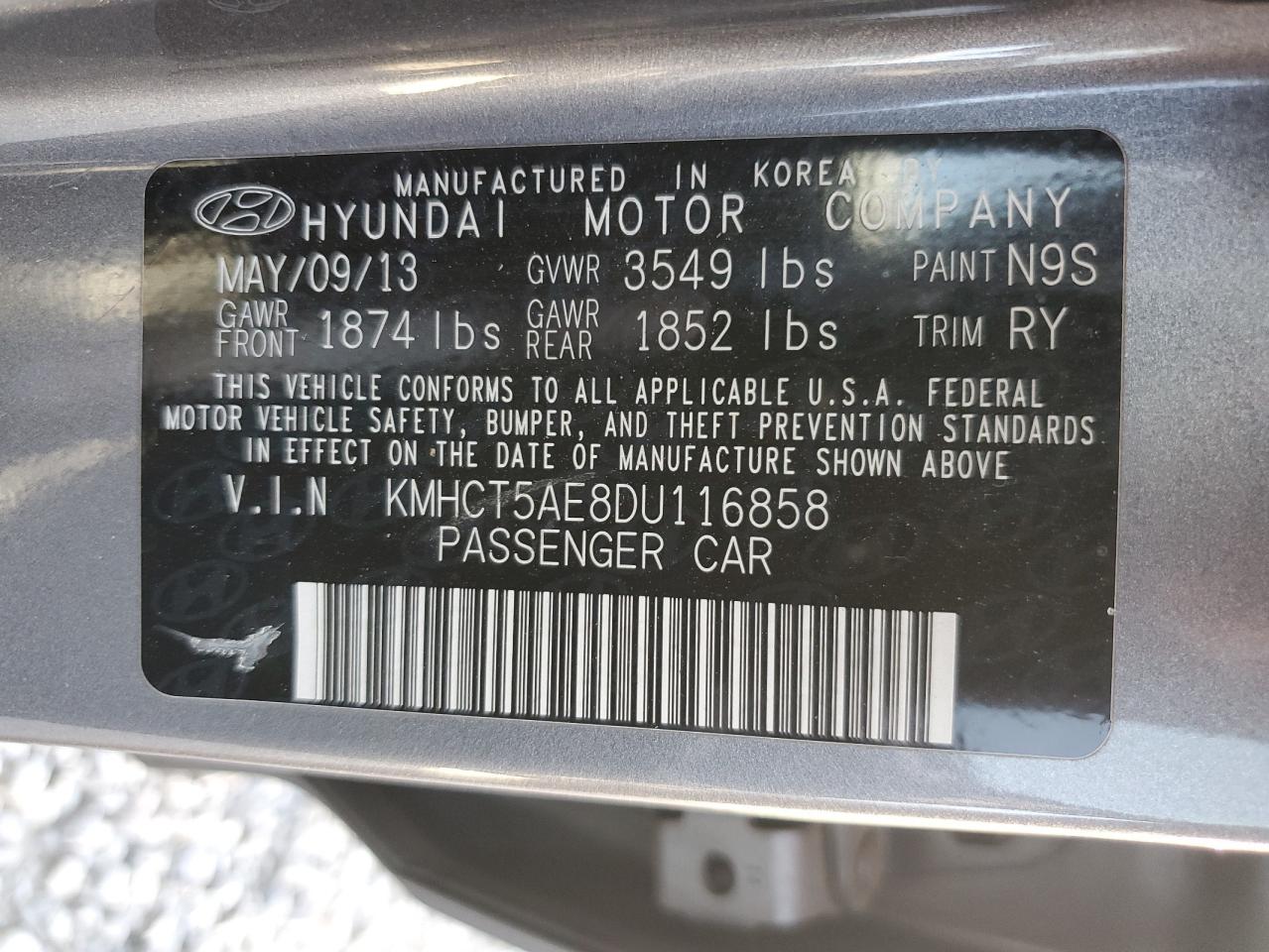 VIN KMHCT5AE8DU116858 2013 HYUNDAI ACCENT no.12