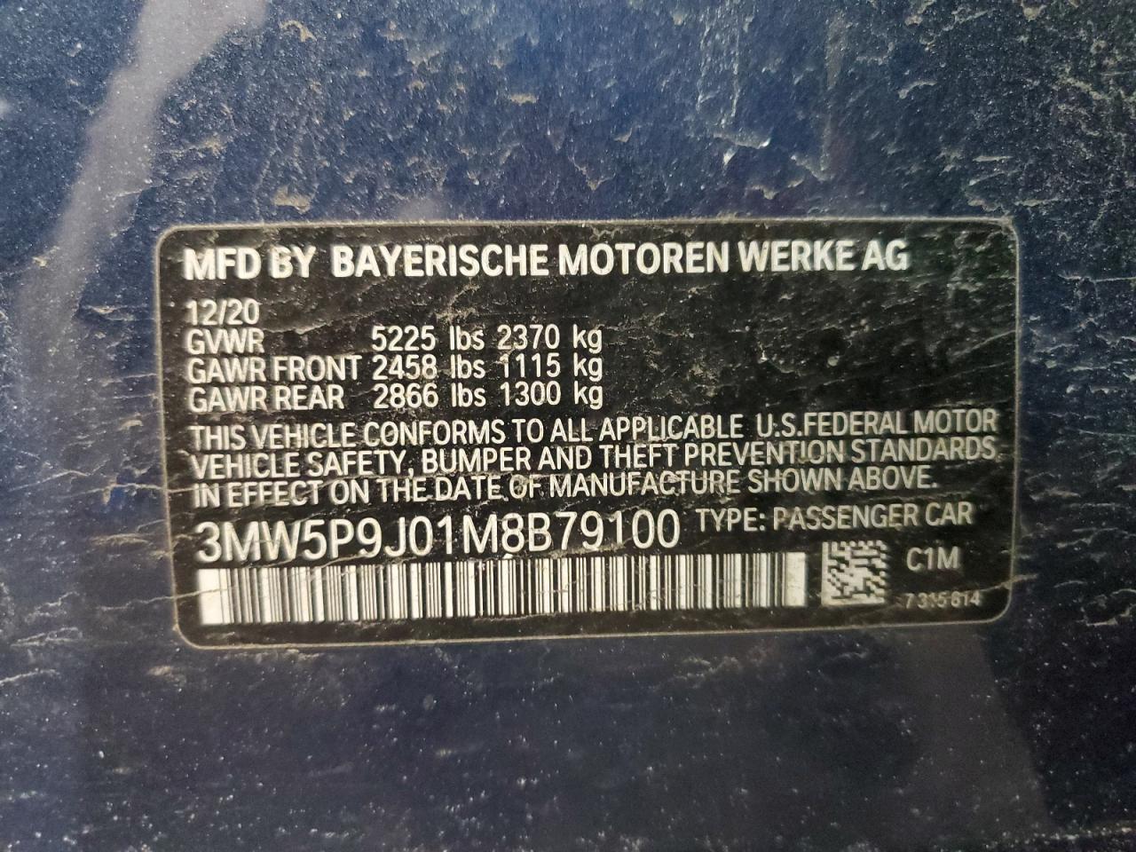 2021 BMW 330Xe VIN: 3MW5P9J01M8B79100 Lot: 42539985