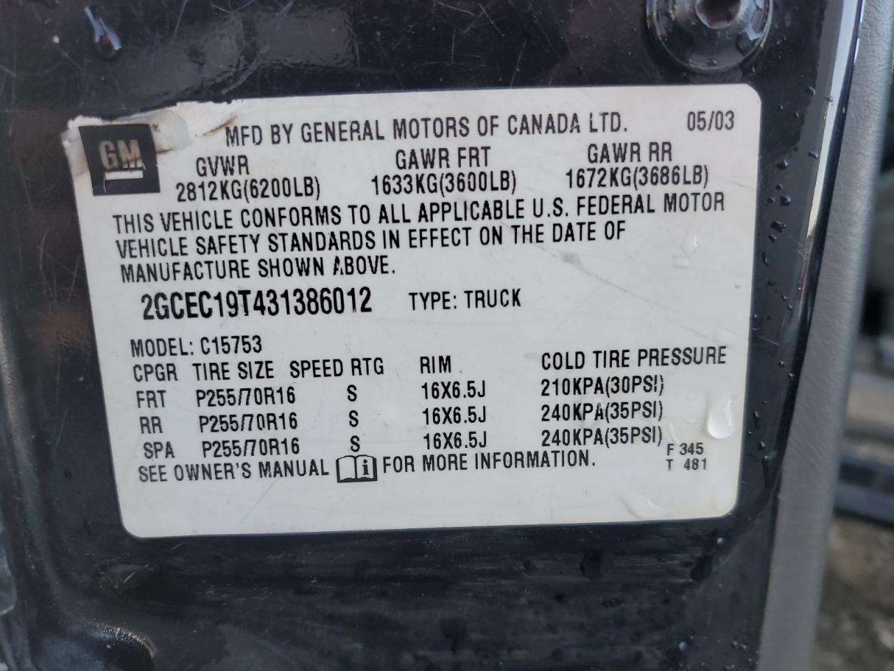 2003 Chevrolet Silverado C1500 VIN: 2GCEC19T431386012 Lot: 88338135