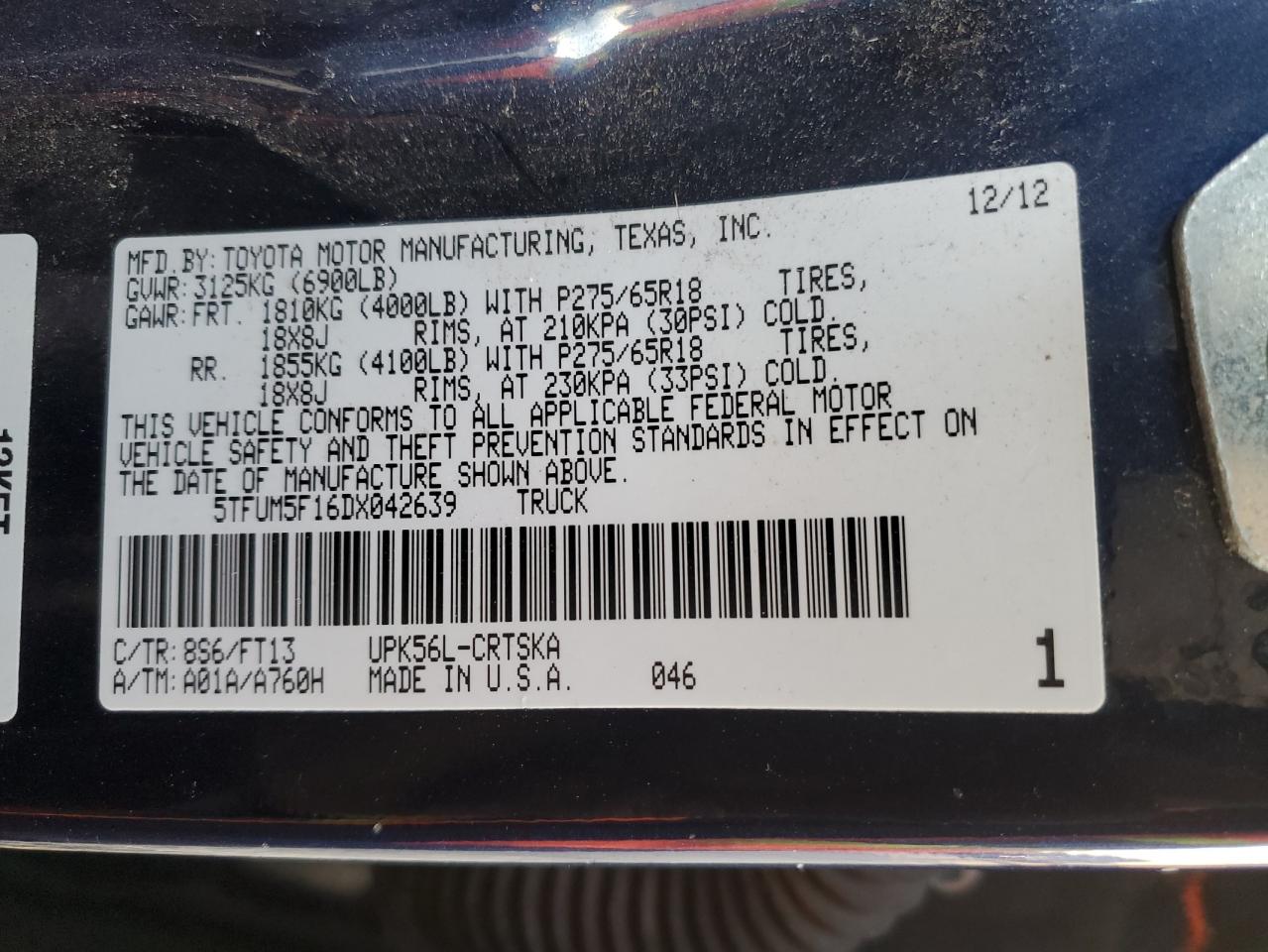 VIN 5TFUM5F16DX042639 2013 TOYOTA TUNDRA no.12