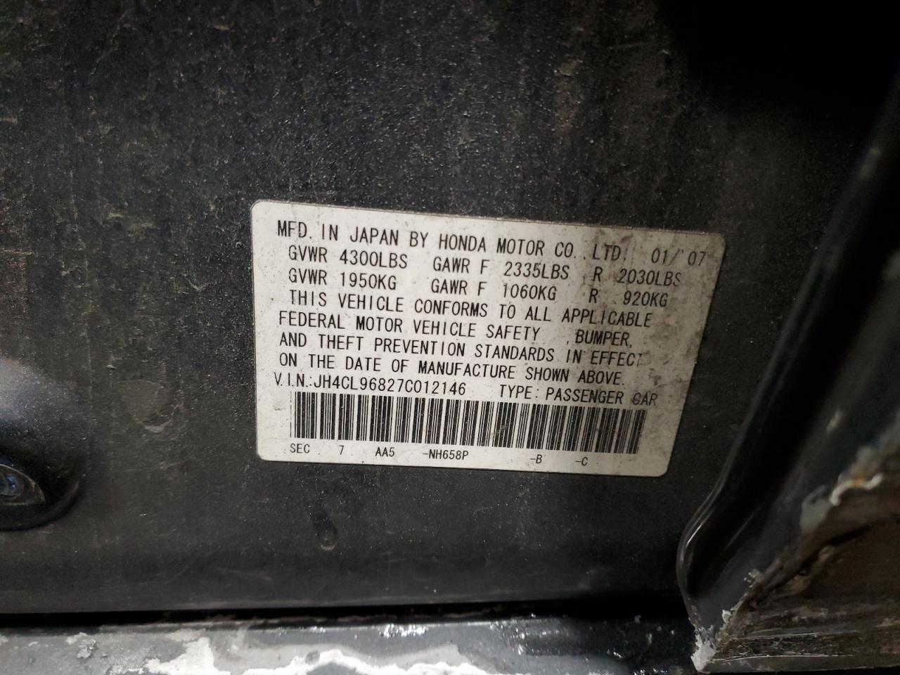 2007 Acura Tsx VIN: JH4CL96827C012146 Lot: 89369235