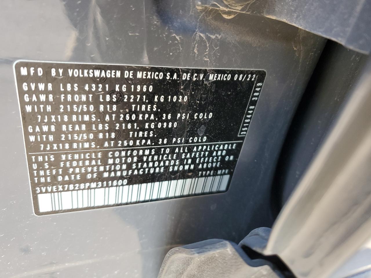 2023 Volkswagen Taos Se VIN: 3VVEX7B28PM311600 Lot: 87675135