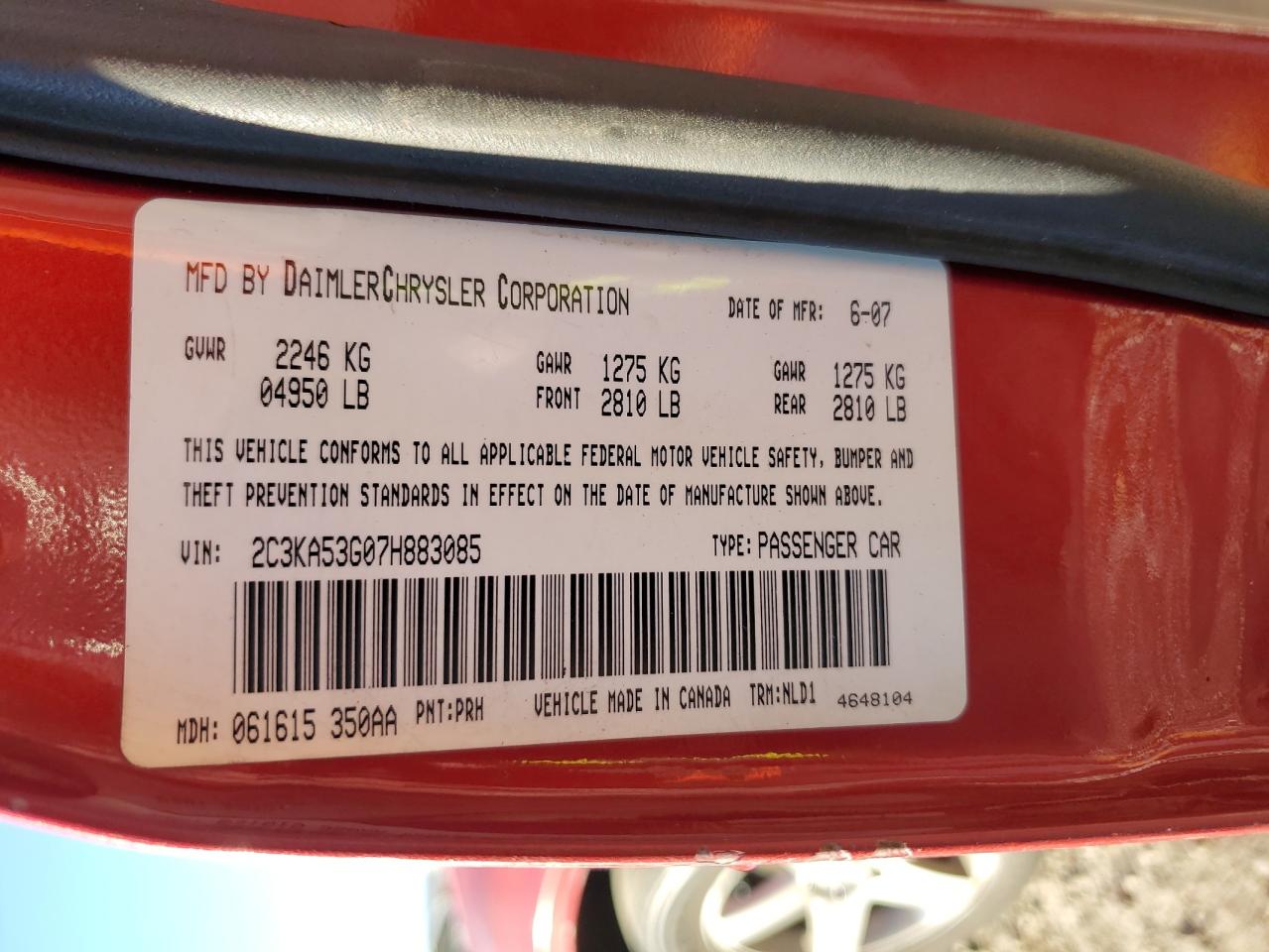 2007 Chrysler 300 Touring VIN: 2C3KA53G07H883085 Lot: 85053424