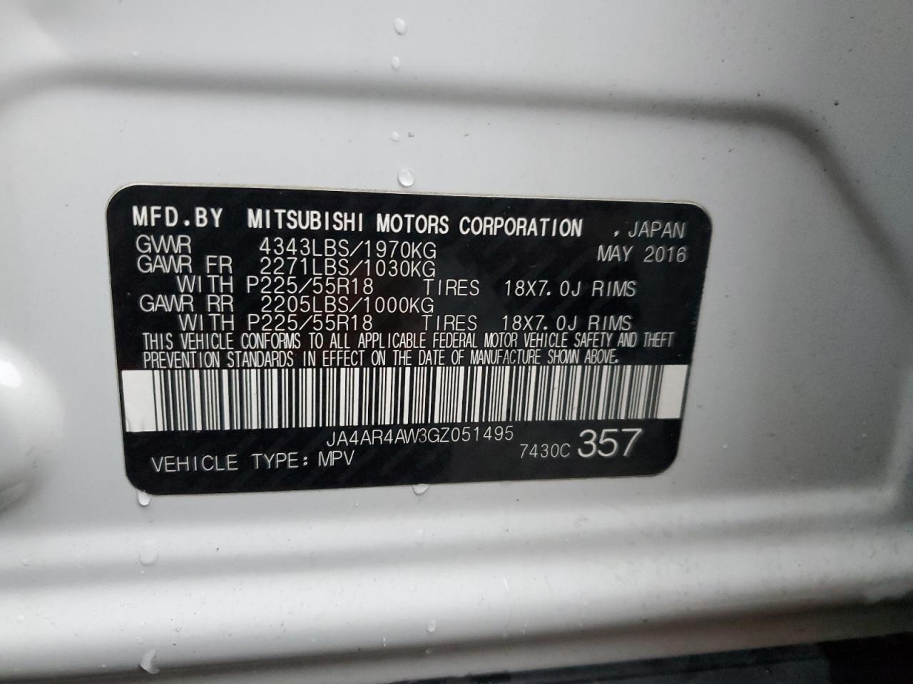 VIN JA4AR4AW3GZ051495 2016 MITSUBISHI OUTLANDER no.13