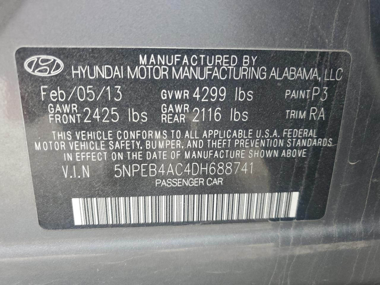 VIN 5NPEB4AC4DH688741 2013 HYUNDAI SONATA no.12