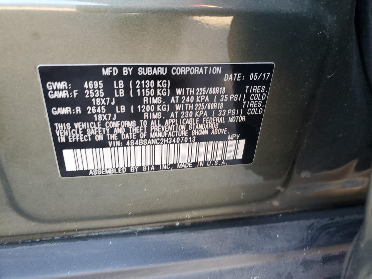 VIN 4S4BSANC2H3407013 2017 SUBARU OUTBACK no.13