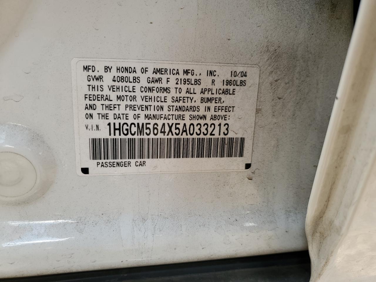 2005 Honda Accord Lx VIN: 1HGCM564X5A033213 Lot: 86853574