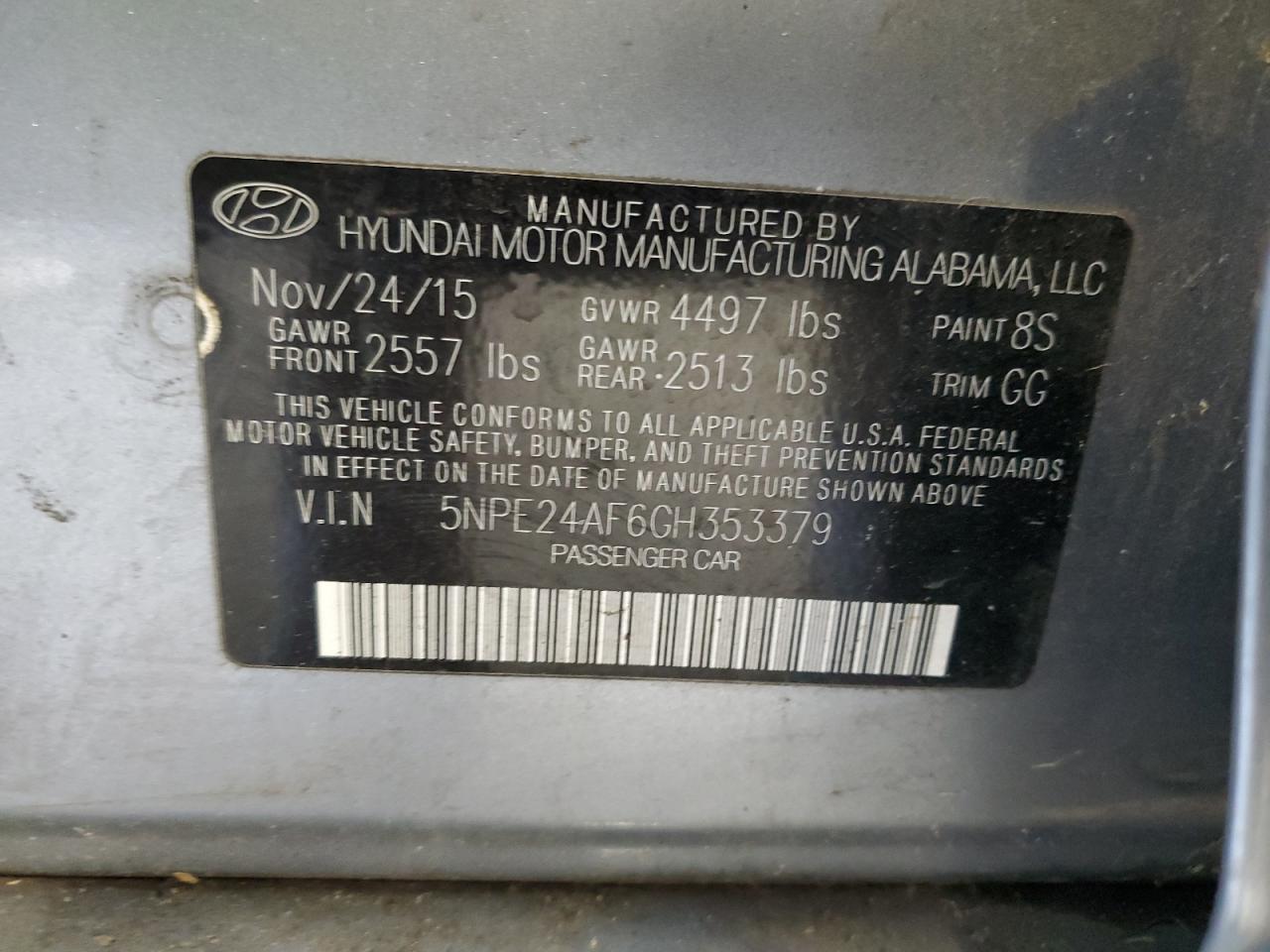 VIN 5NPE24AF6GH353379 2016 HYUNDAI SONATA no.12