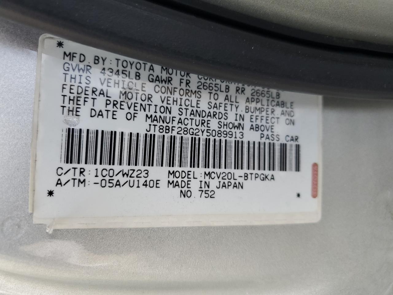 2000 Lexus Es 300 VIN: JT8BF28G2Y5089913 Lot: 41809545