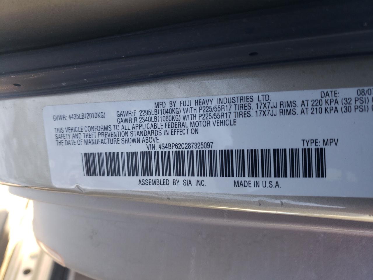 2008 Subaru Outback 2.5I Limited VIN: 4S4BP62C287325097 Lot: 88690035