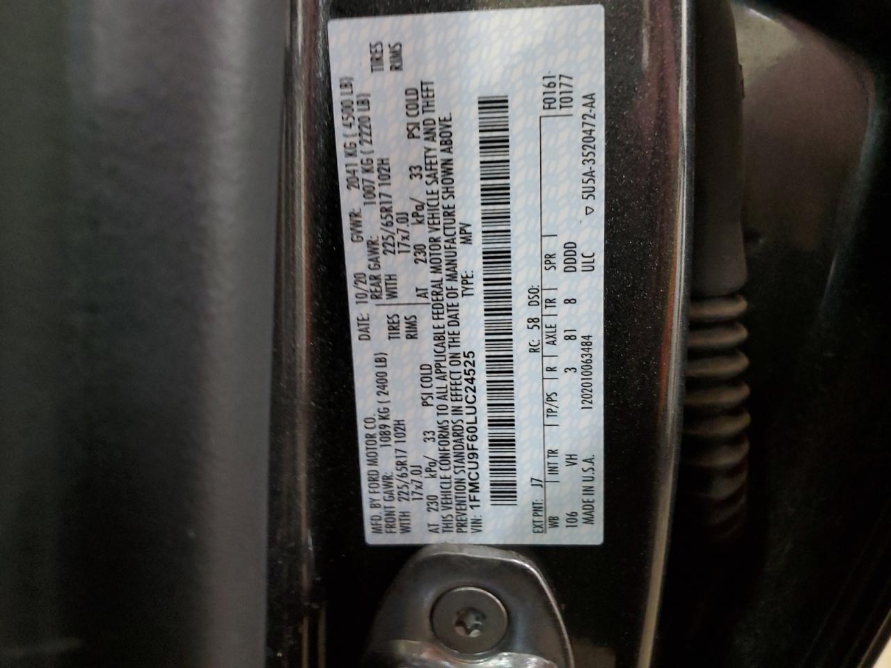 2020 Ford Escape S VIN: 1FMCU9F60LUC24525 Lot: 42378445