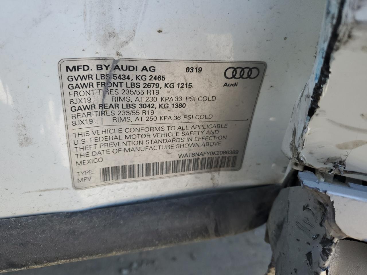 2019 Audi Q5 Premium Plus VIN: WA1BNAFY0K2086389 Lot: 88305275