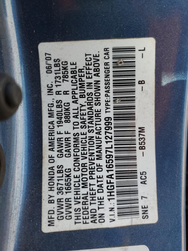 2007 Honda Civic Lx VIN: 1HGFA16597L127999 Lot: 88459325