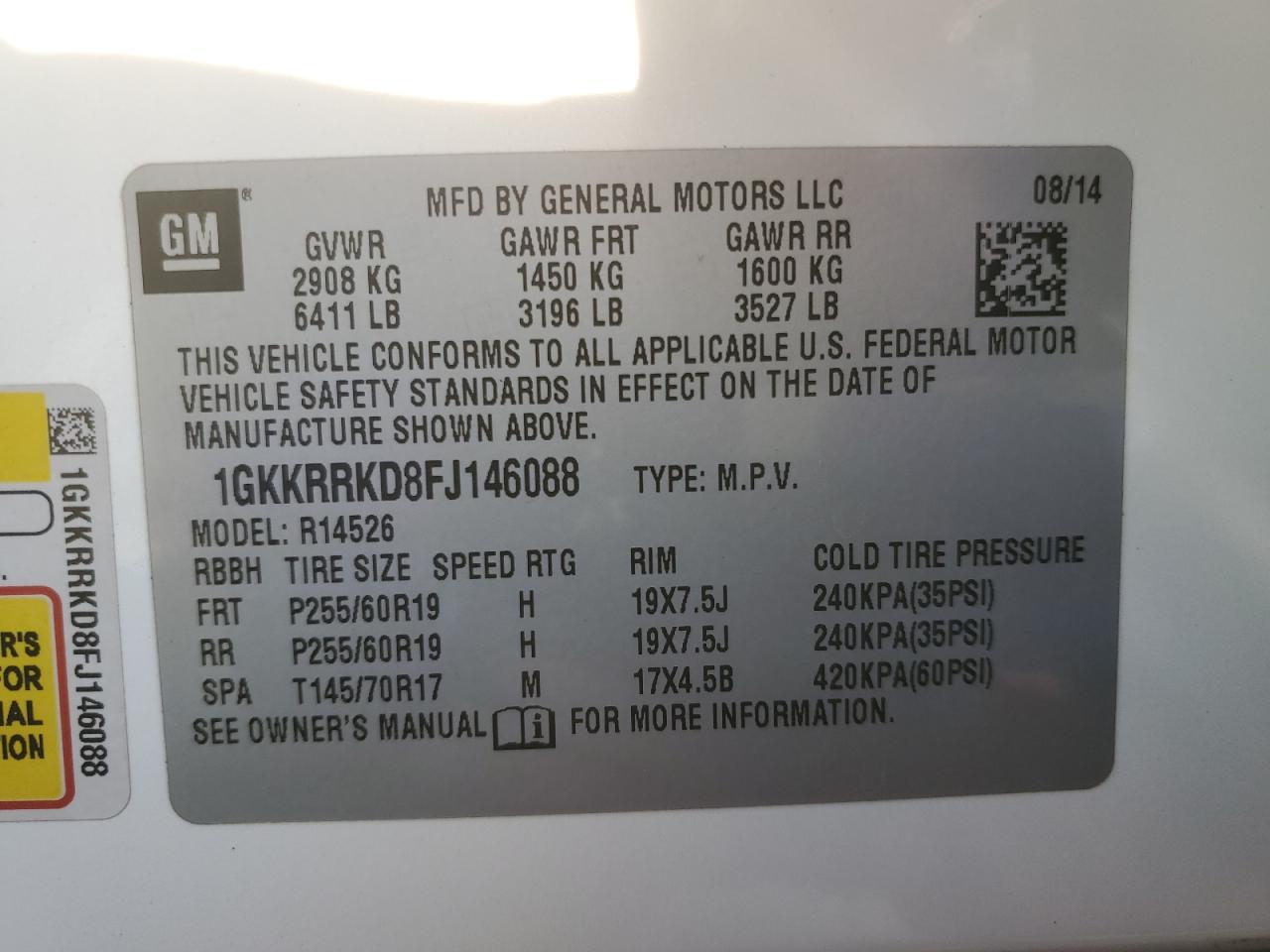 VIN 1GKKRRKD8FJ146088 2015 GMC ACADIA no.14