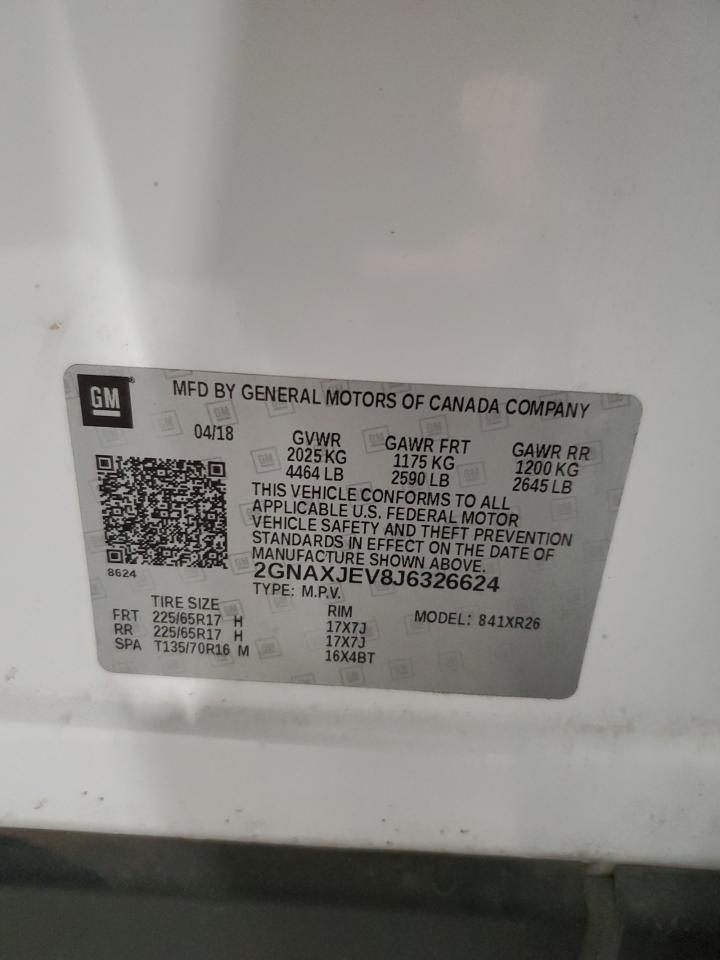 2018 Chevrolet Equinox Lt VIN: 2GNAXJEV8J6326624 Lot: 88901145