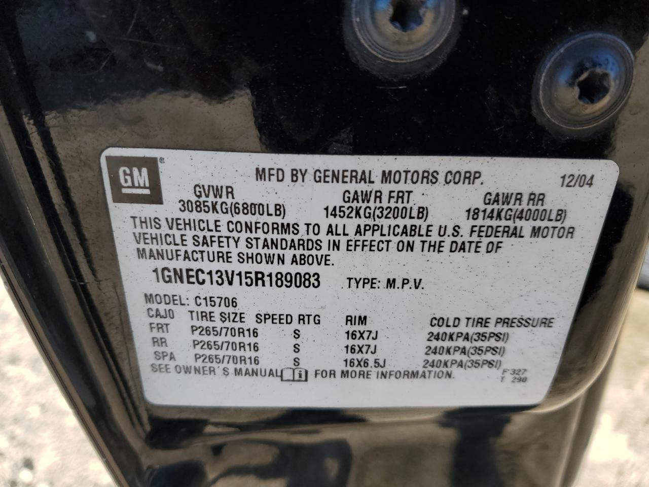 2005 Chevrolet Tahoe C1500 VIN: 1GNEC13V15R189083 Lot: 87394474