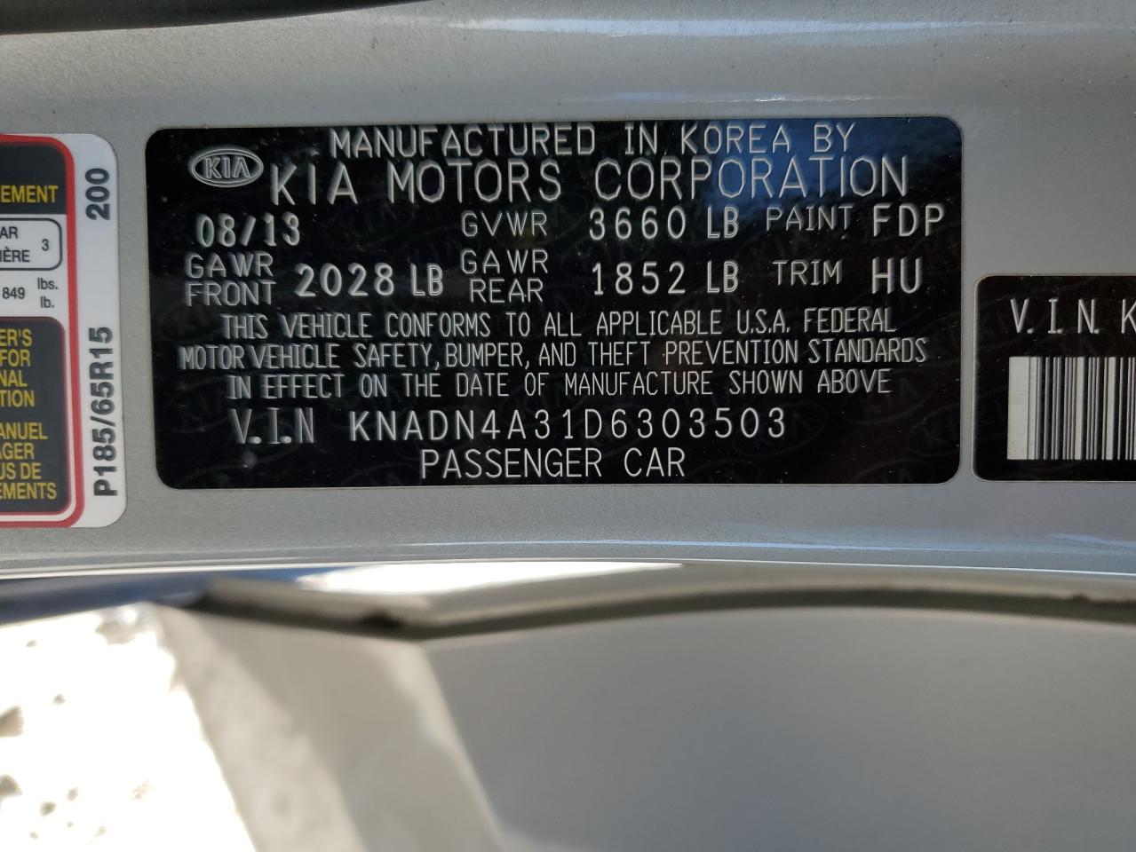 VIN KNADN4A31D6303503 2013 KIA RIO no.13