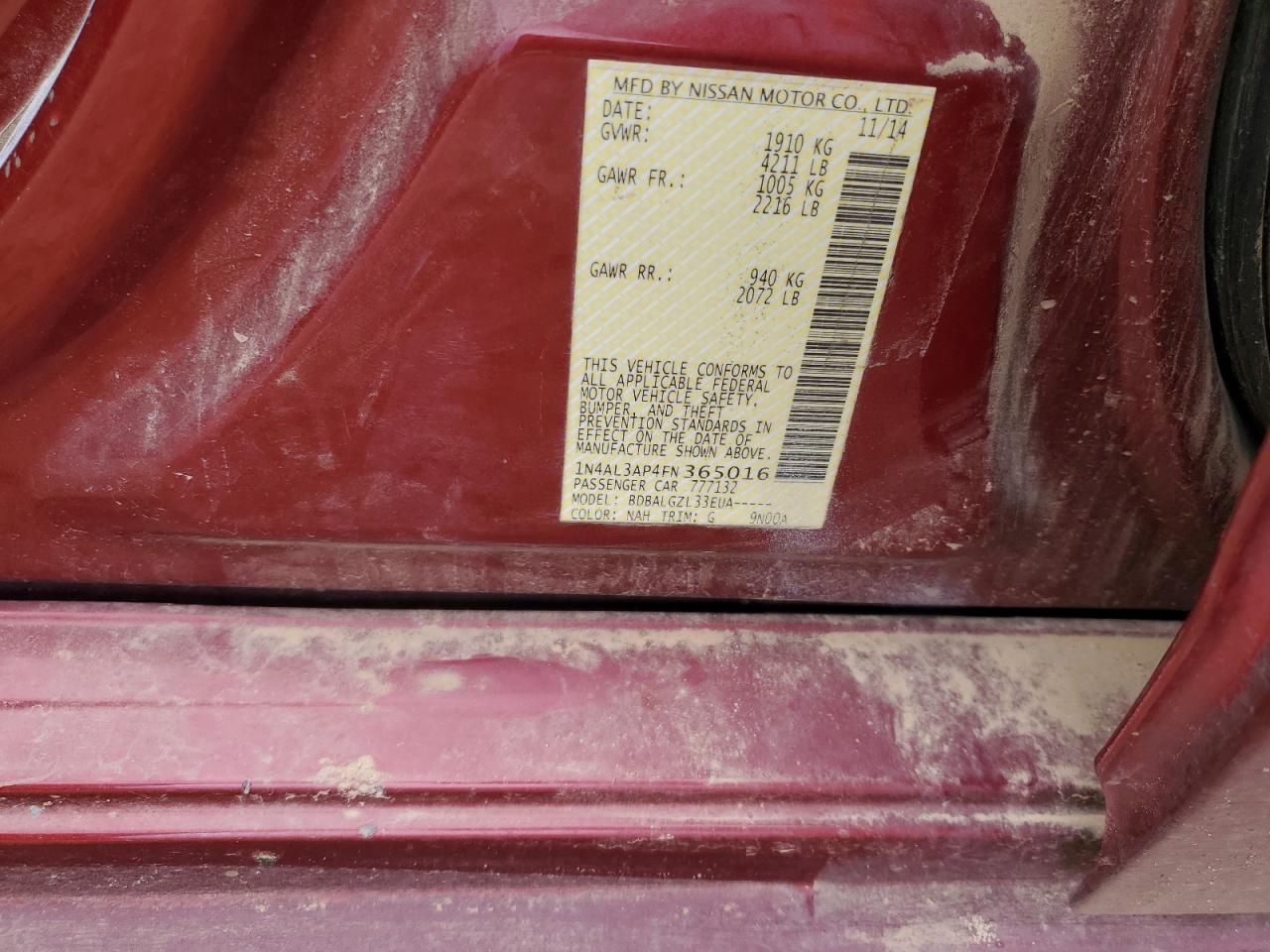 2015 Nissan Altima 2.5 VIN: 1N4AL3AP4FN365016 Lot: 41973265