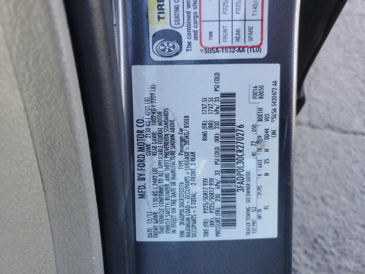 2012 Ford Fusion Hybrid VIN: 3FADP0L30CR270276 Lot: 88366105