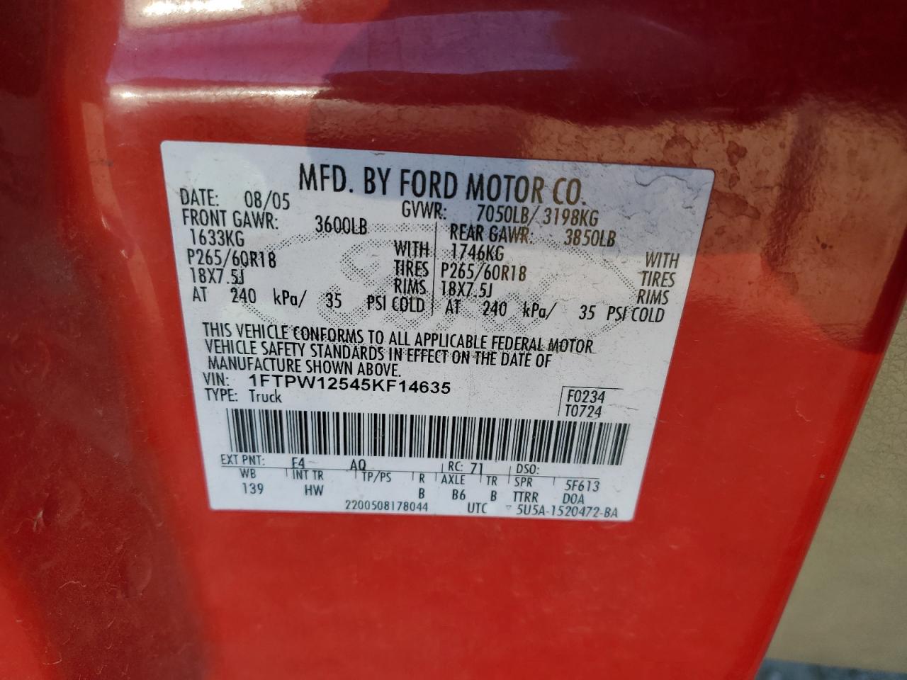 2005 Ford F150 Supercrew VIN: 1FTPW12545KF14635 Lot: 89378225