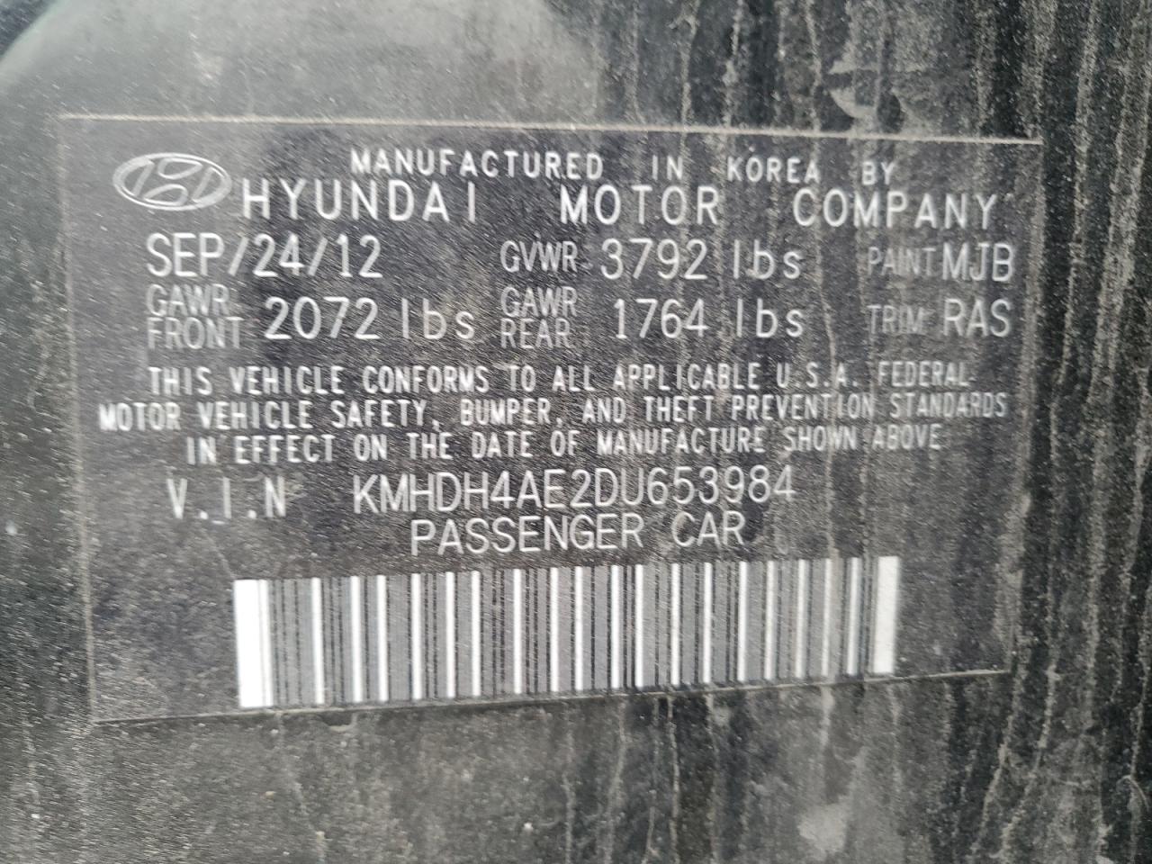 2013 Hyundai Elantra Gls VIN: KMHDH4AE2DU653984 Lot: 88298565