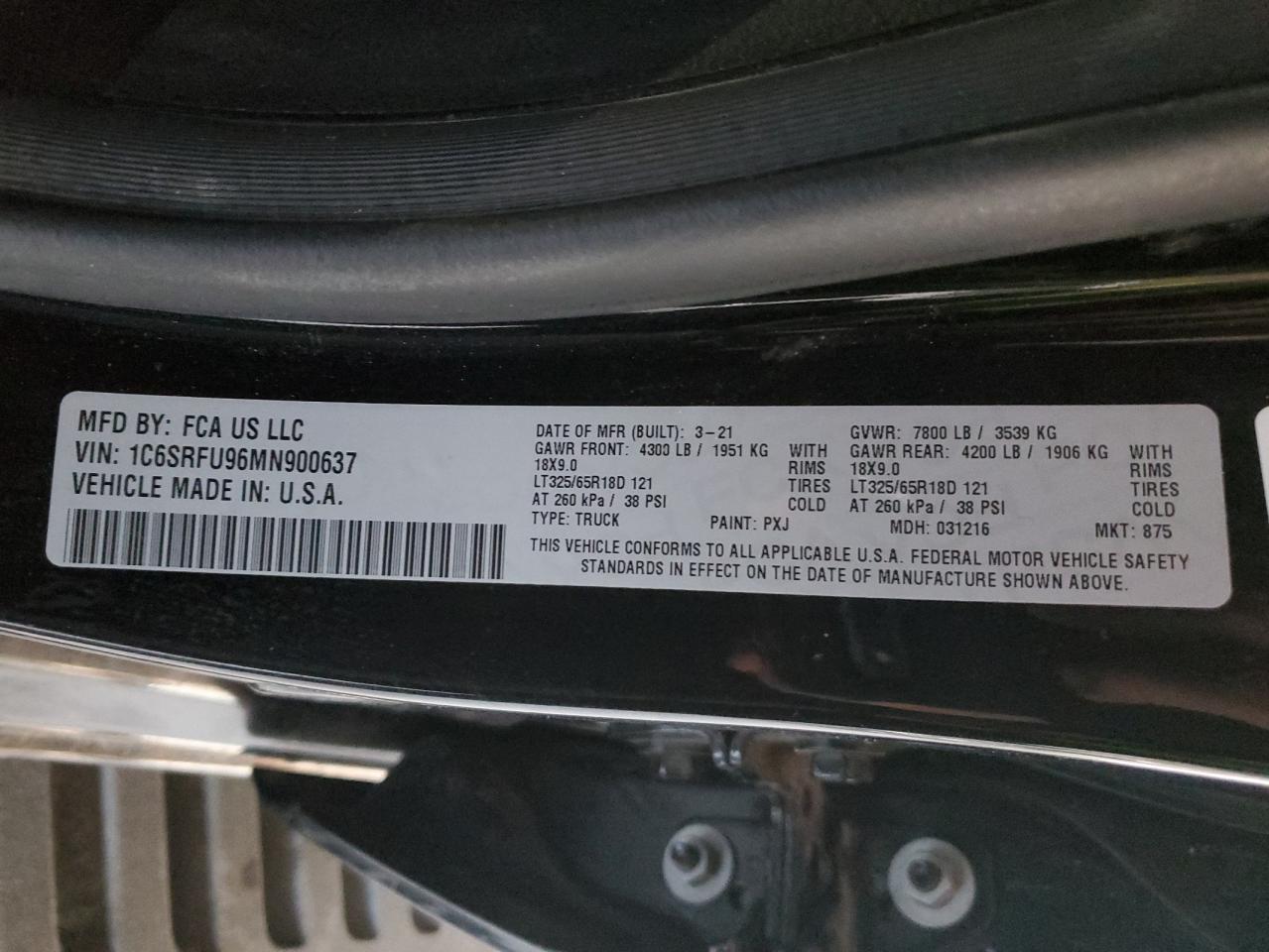 2021 Ram 1500 Trx VIN: 1C6SRFU96MN900637 Lot: 42244165