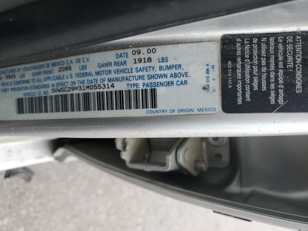 2001 Volkswagen Jetta Gls VIN: 3VWSC29M31M055314 Lot: 88142325
