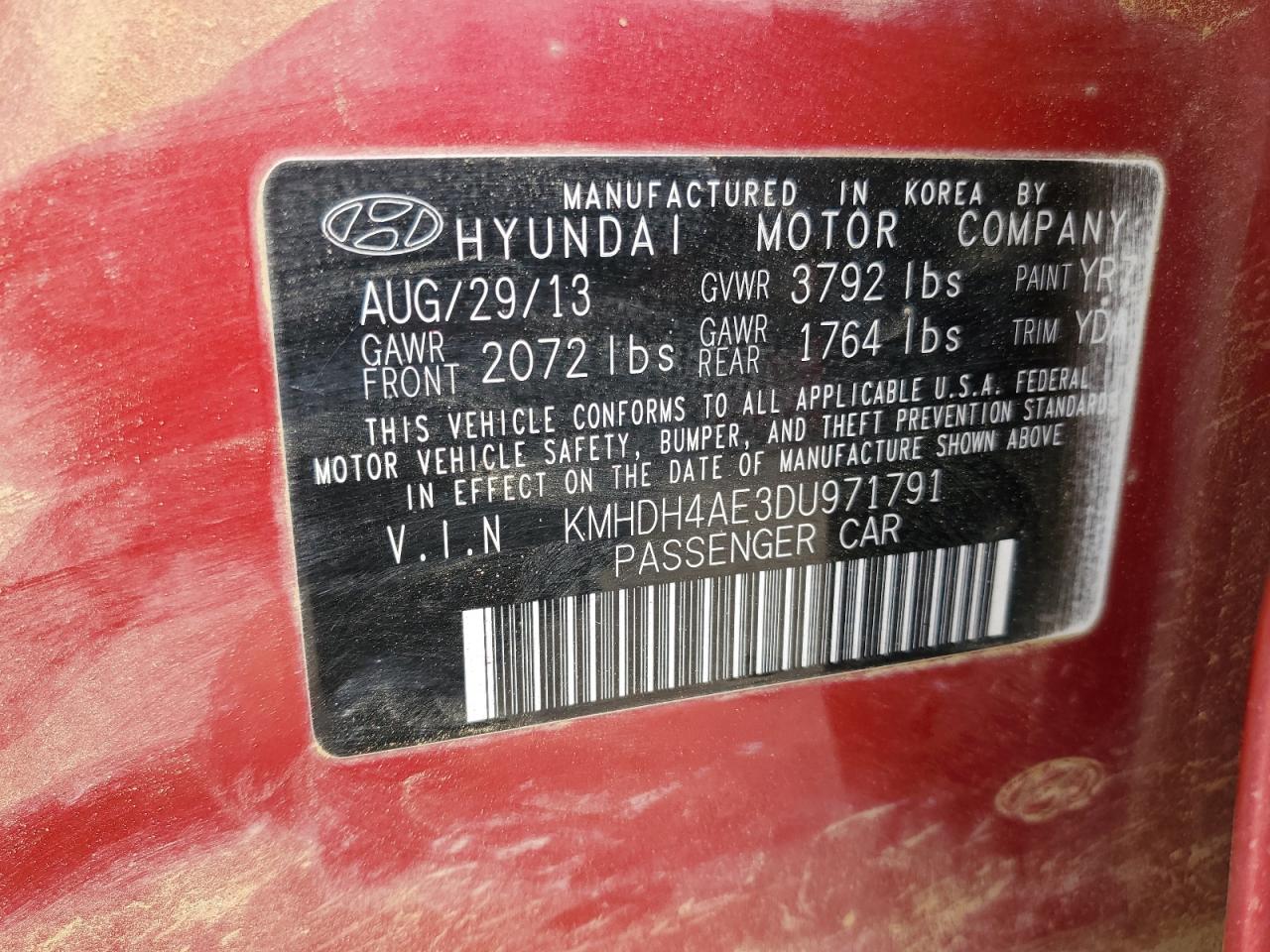 2013 Hyundai Elantra Gls VIN: KMHDH4AE3DU971791 Lot: 89089995