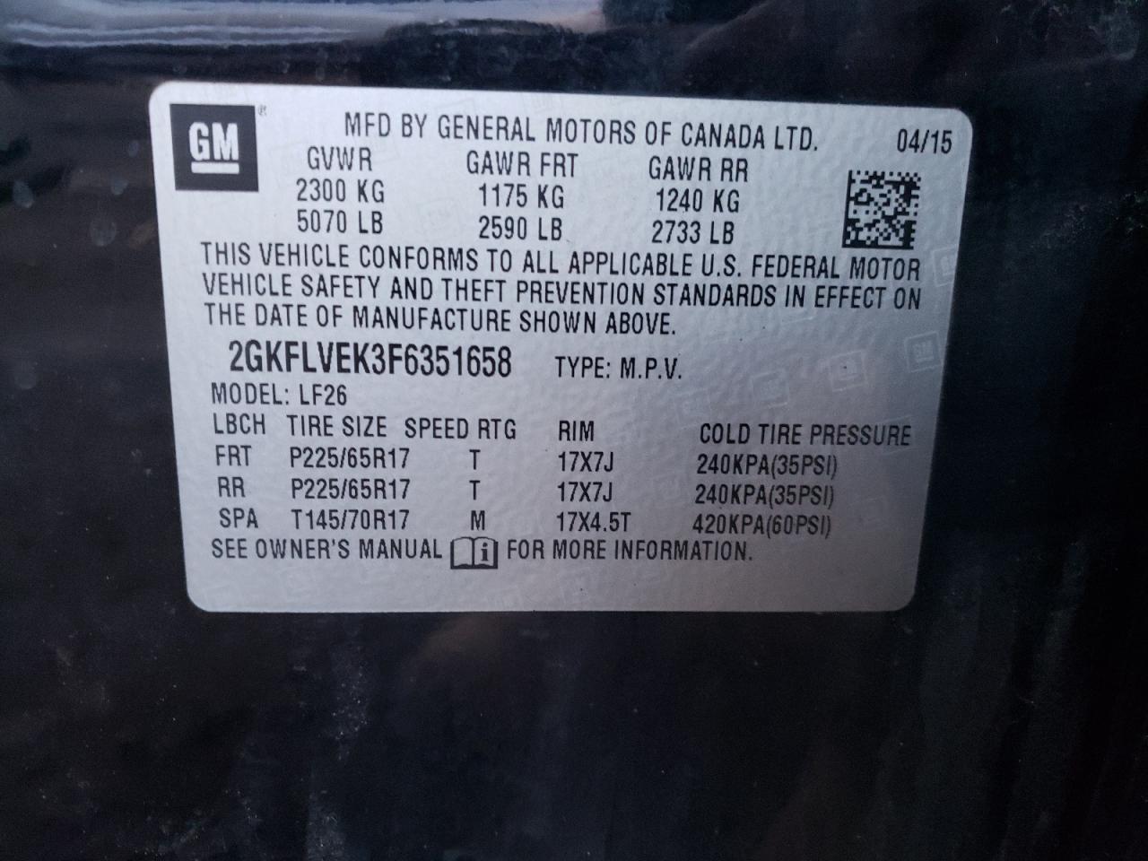 2015 GMC Terrain Sle VIN: 2GKFLVEK3F6351658 Lot: 86893424