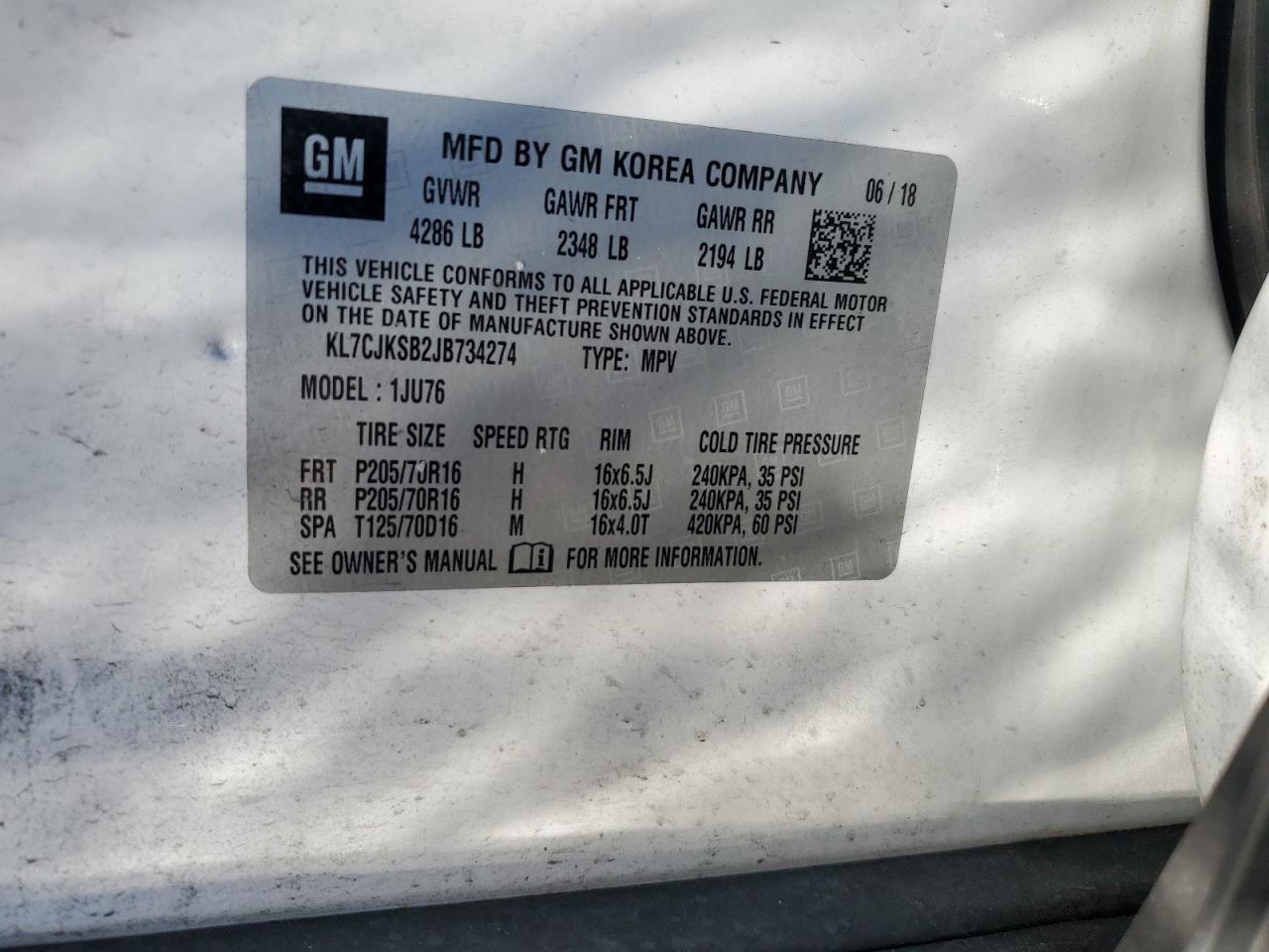 2018 Chevrolet Trax Ls VIN: KL7CJKSB2JB734274 Lot: 41581505