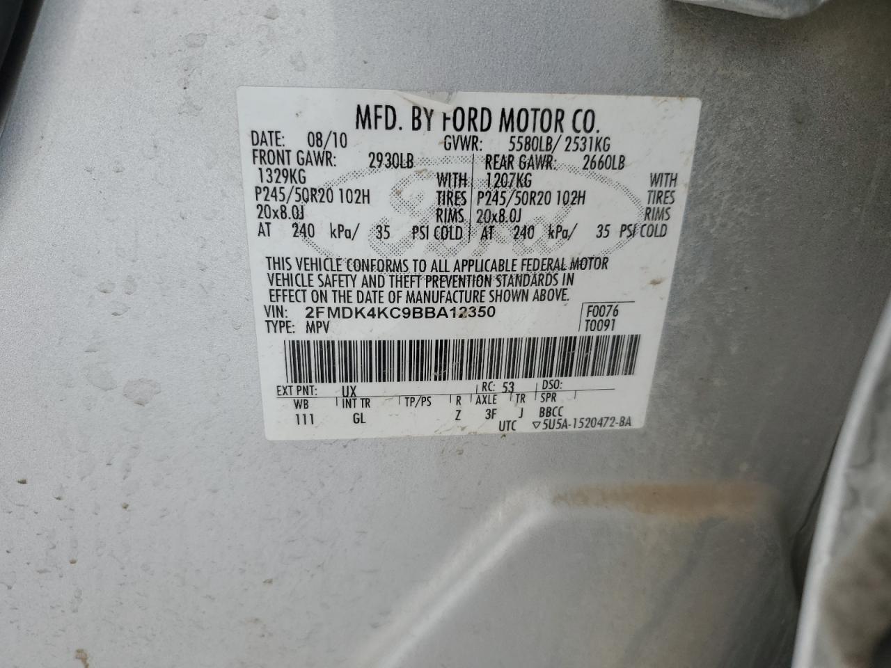 2011 Ford Edge Limited VIN: 2FMDK4KC9BBA12350 Lot: 87310794