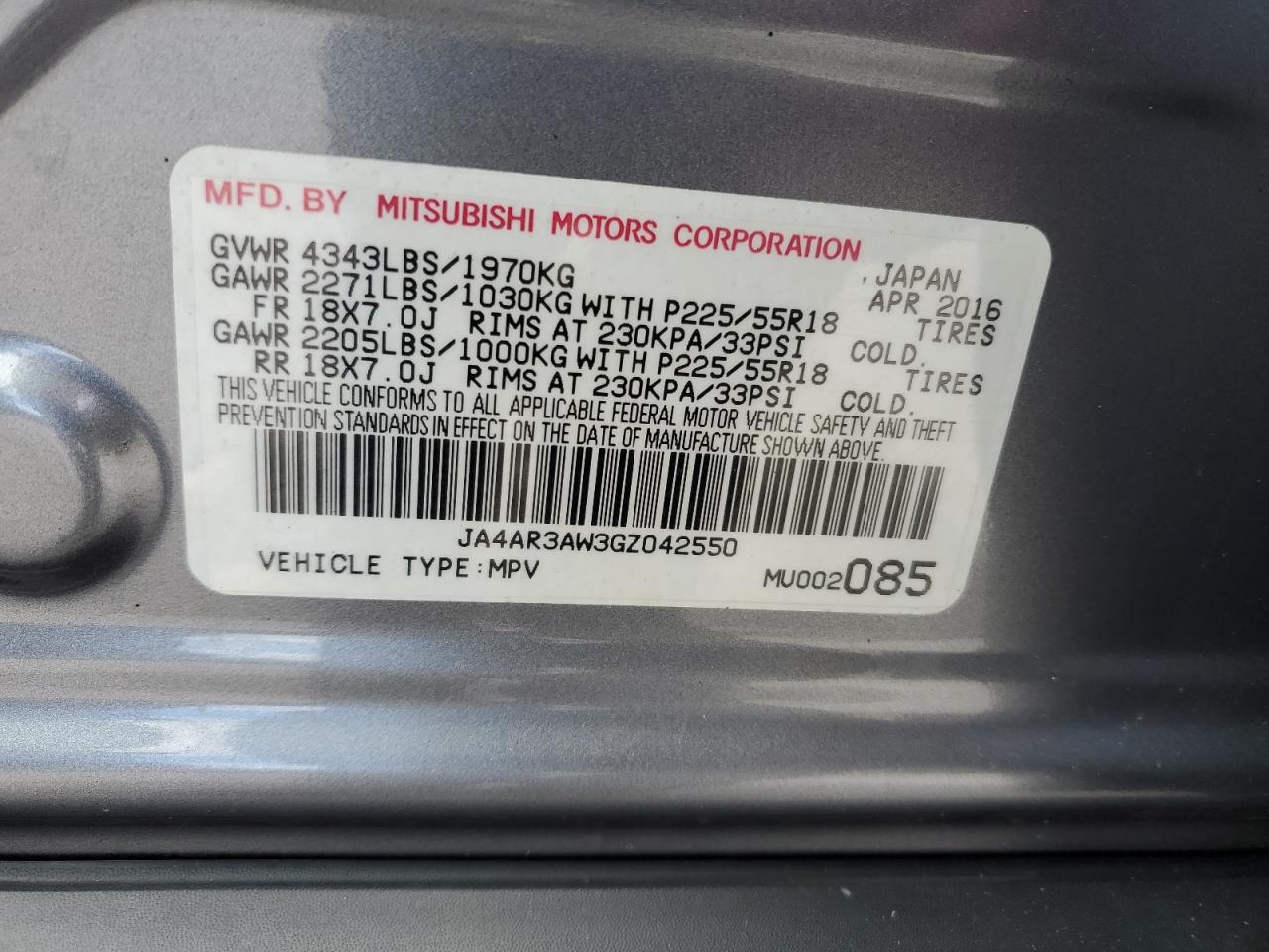 VIN JA4AR3AW3GZ042550 2016 MITSUBISHI OUTLANDER no.13