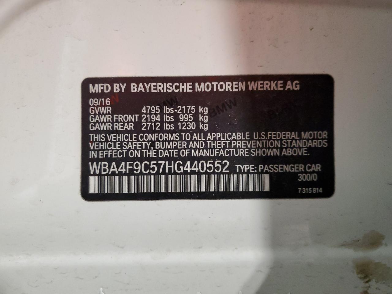 2017 BMW 430Xi Gran Coupe VIN: WBA4F9C57HG440552 Lot: 41544255