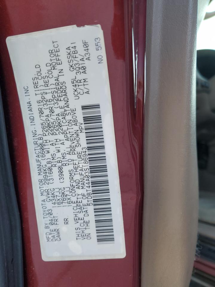 2003 Toyota Sequoia Sr5 VIN: 5TDBT44A03S186954 Lot: 42807215