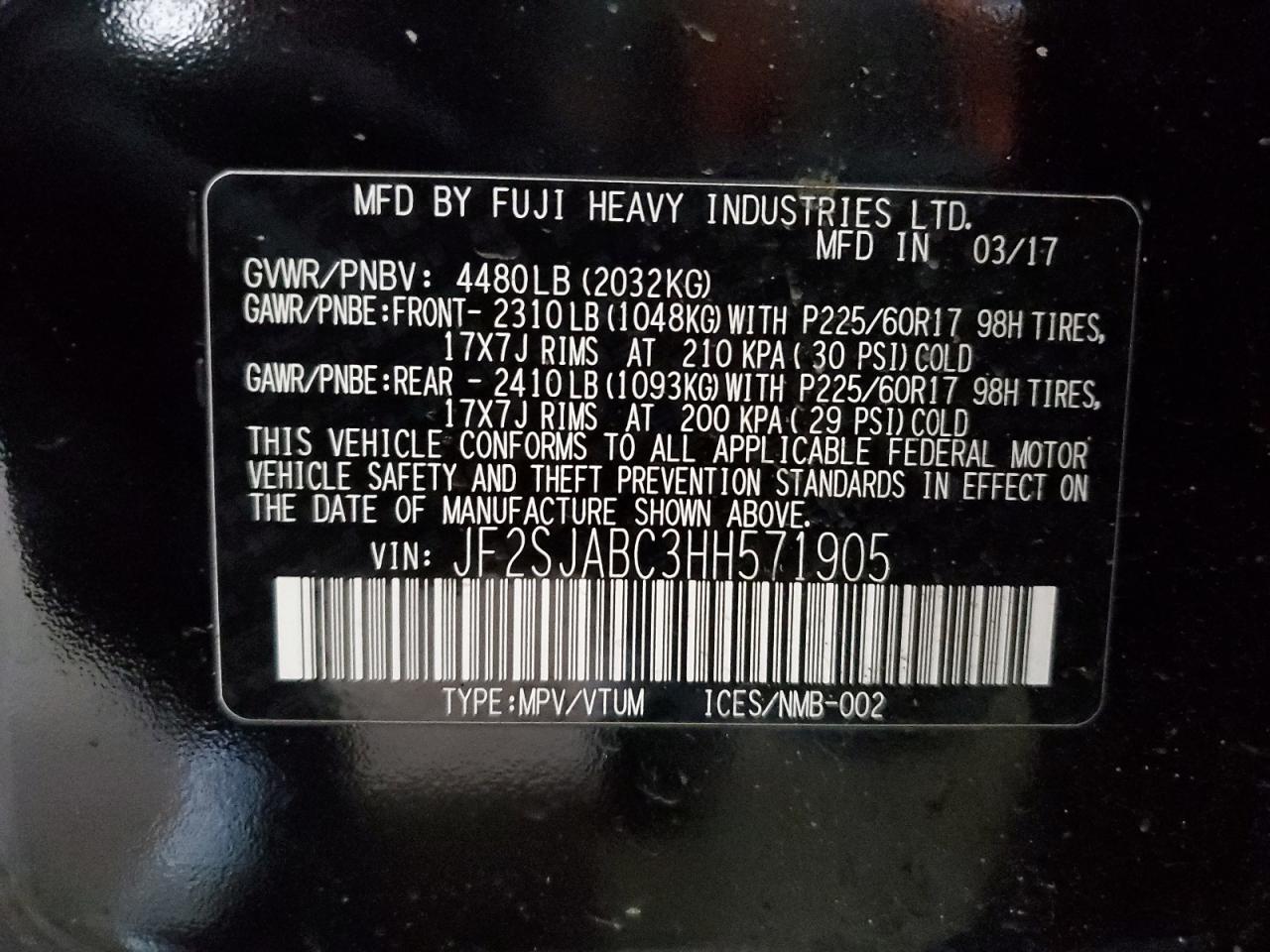 2017 Subaru Forester 2.5I VIN: JF2SJABC3HH571905 Lot: 88629975
