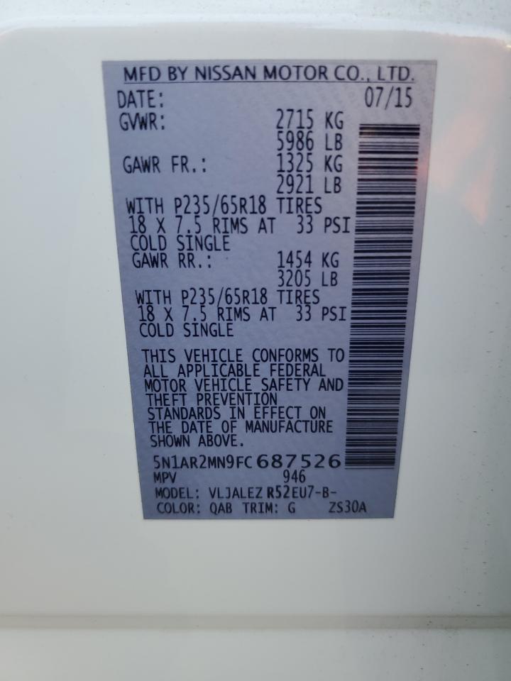 2015 Nissan Pathfinder S VIN: 5N1AR2MN9FC687526 Lot: 43341745