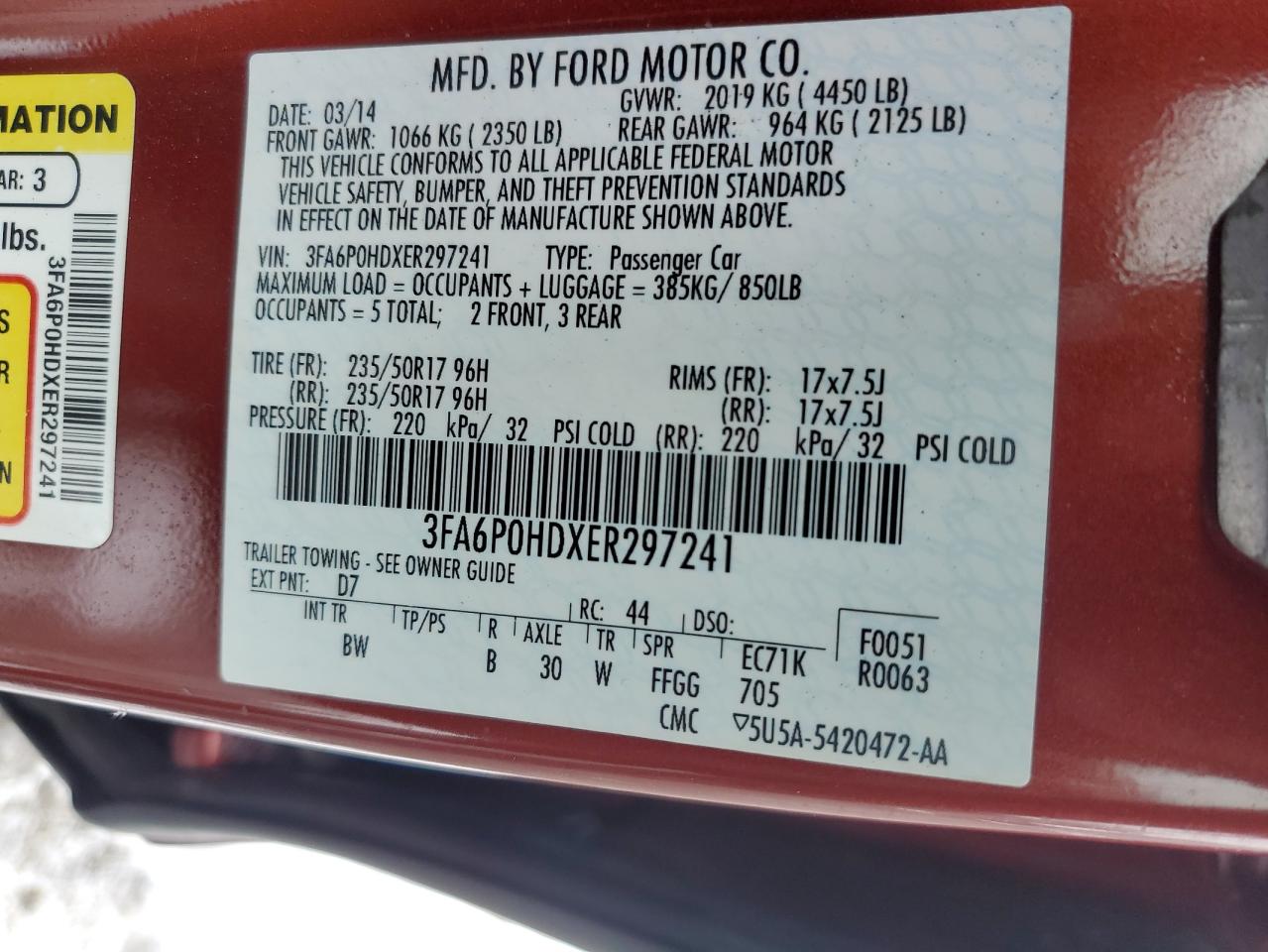 VIN 3FA6P0HDXER297241 2014 FORD FUSION no.12