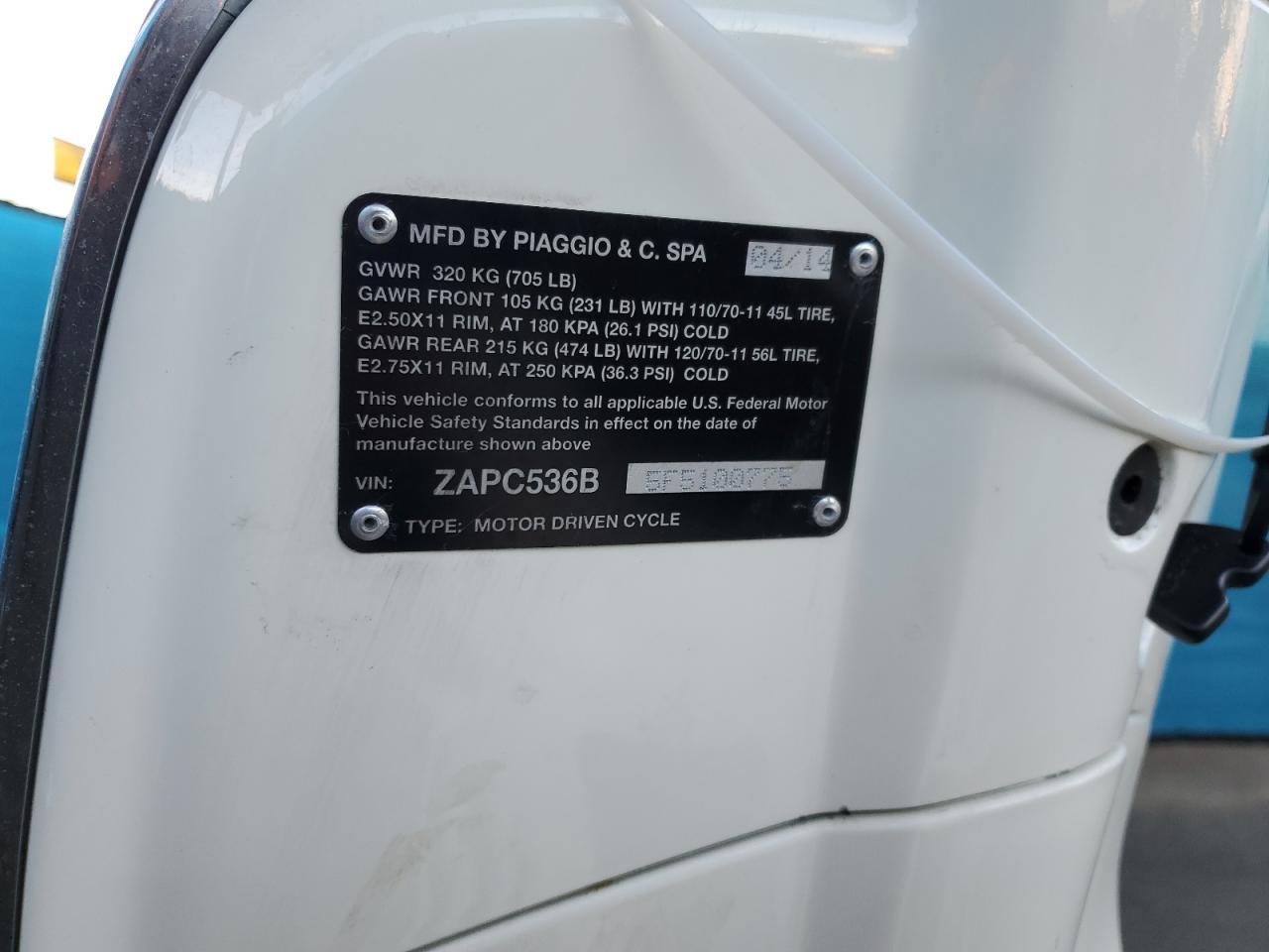 2015 Vespa Primavera 50 4V Ie VIN: ZAPC536B5F510775 Lot: 43288925