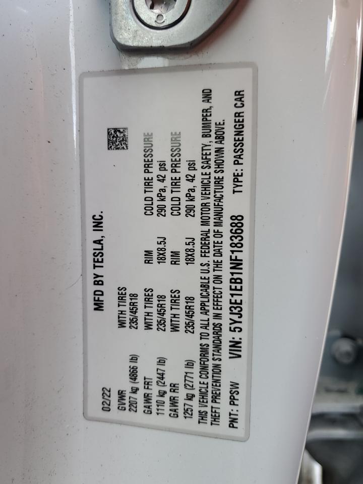 2022 Tesla Model 3 VIN: 5YJ3E1EB1NF183688 Lot: 89304315