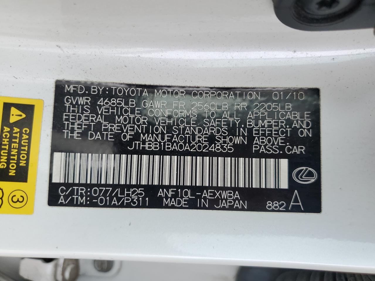 2010 Lexus Hs 250H VIN: JTHBB1BA0A2024835 Lot: 43565455