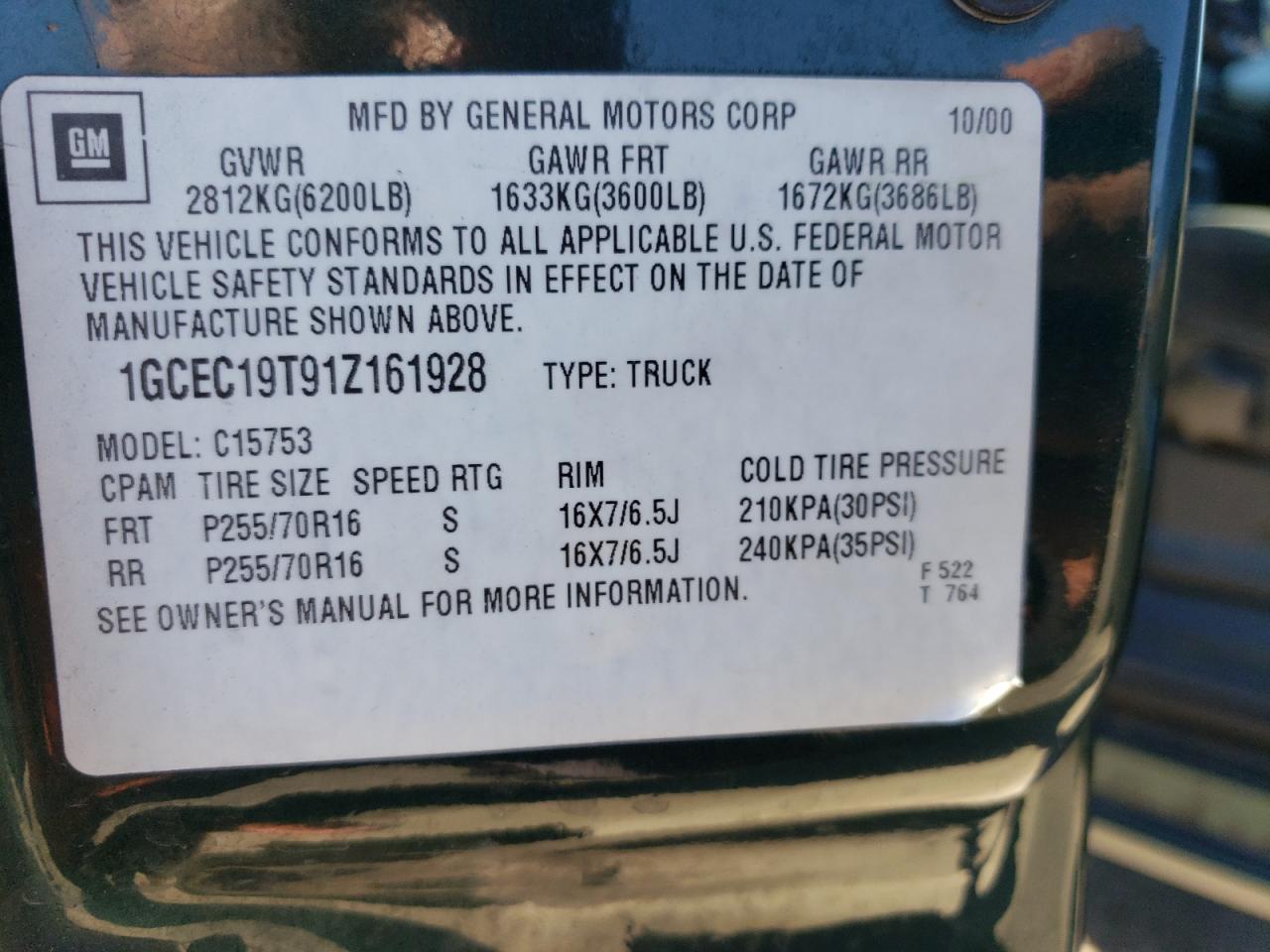 2001 Chevrolet Silverado C1500 VIN: 1GCEC19T91Z161928 Lot: 87764795