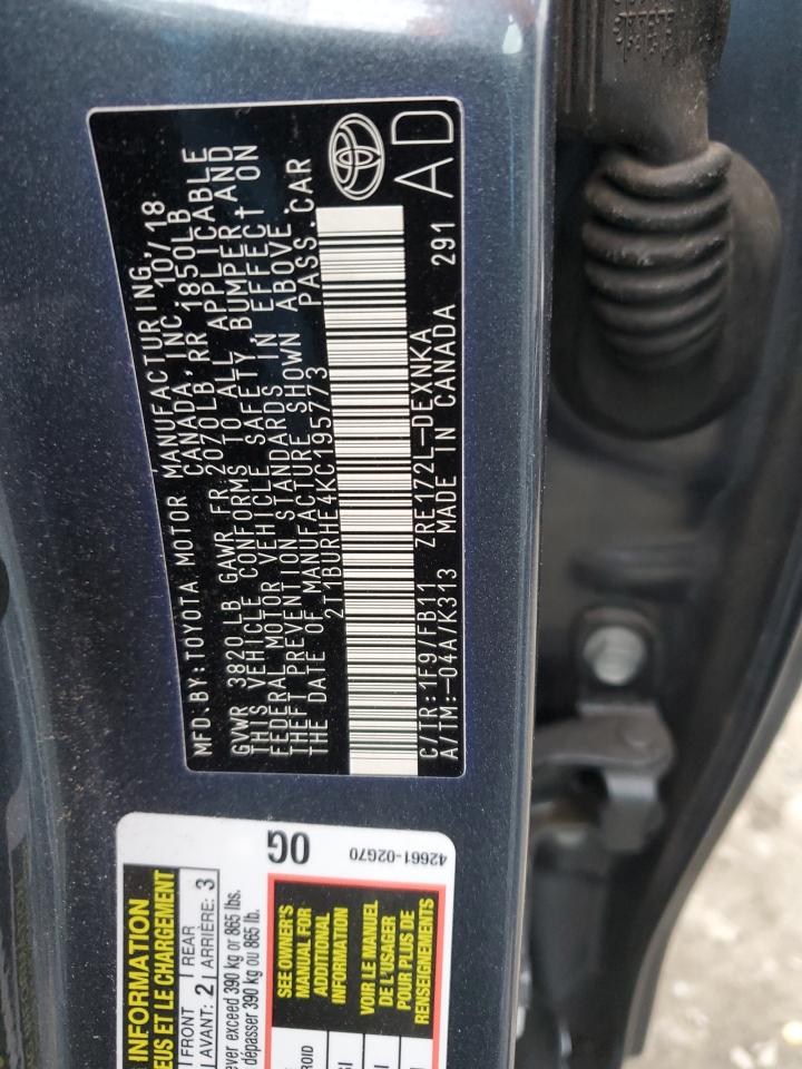 2019 Toyota Corolla L VIN: 2T1BURHE4KC195773 Lot: 86721494