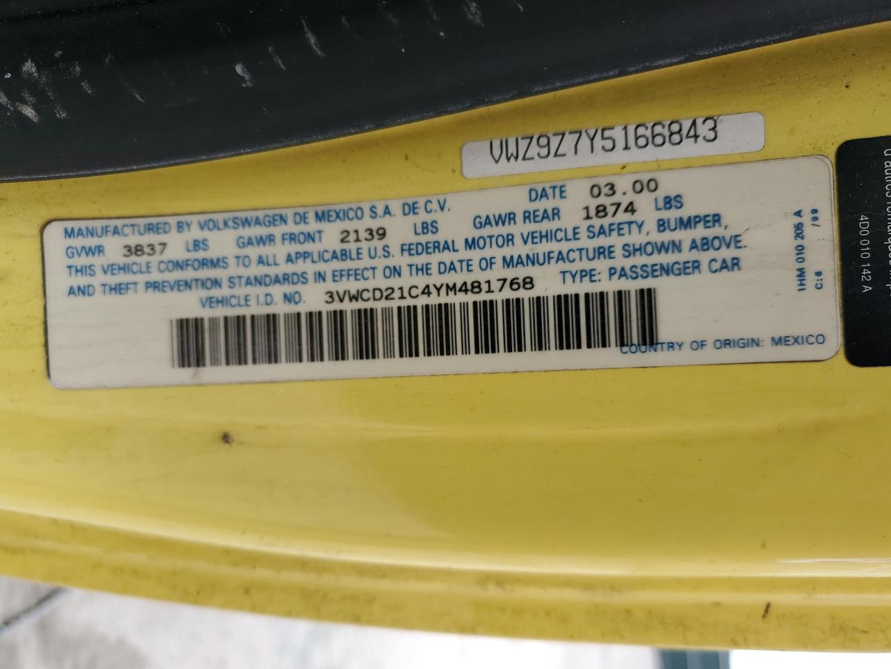 2000 Volkswagen New Beetle Gls VIN: 3VWCD21C4YM481768 Lot: 87114434