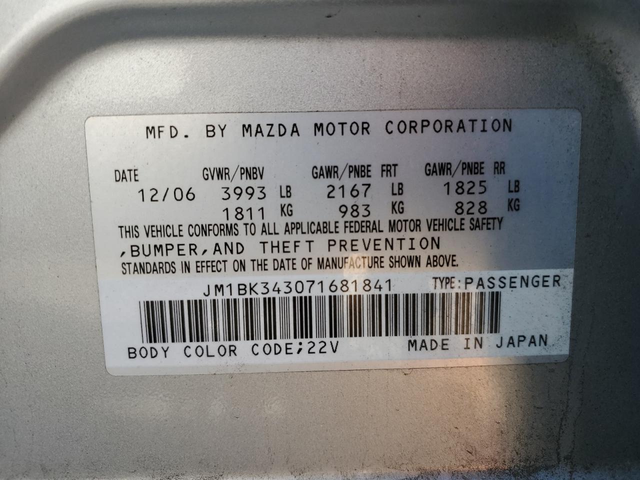 2007 Mazda 3 Hatchback VIN: JM1BK343071681841 Lot: 86727694