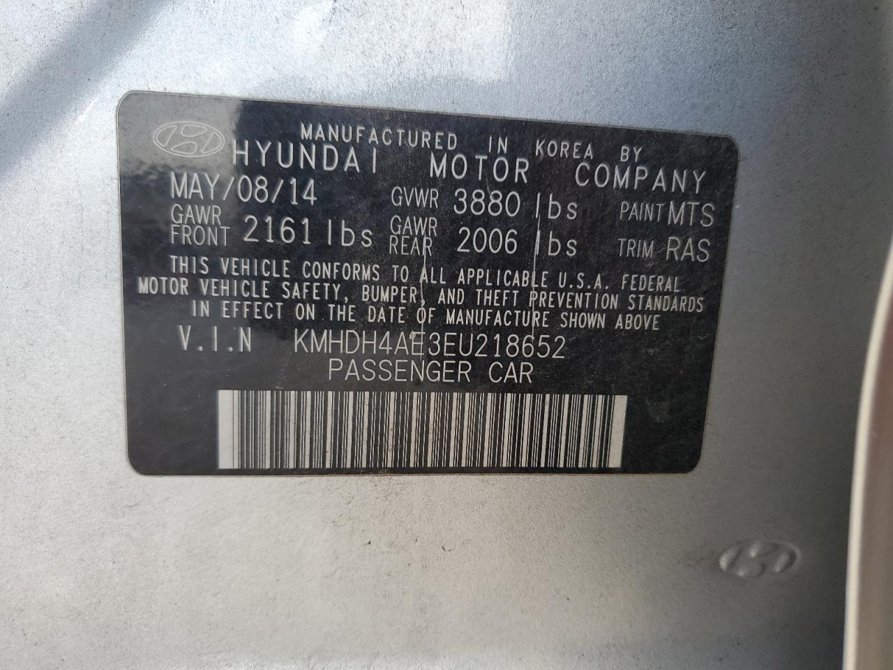 VIN KMHDH4AE3EU218652 2014 HYUNDAI ELANTRA no.12