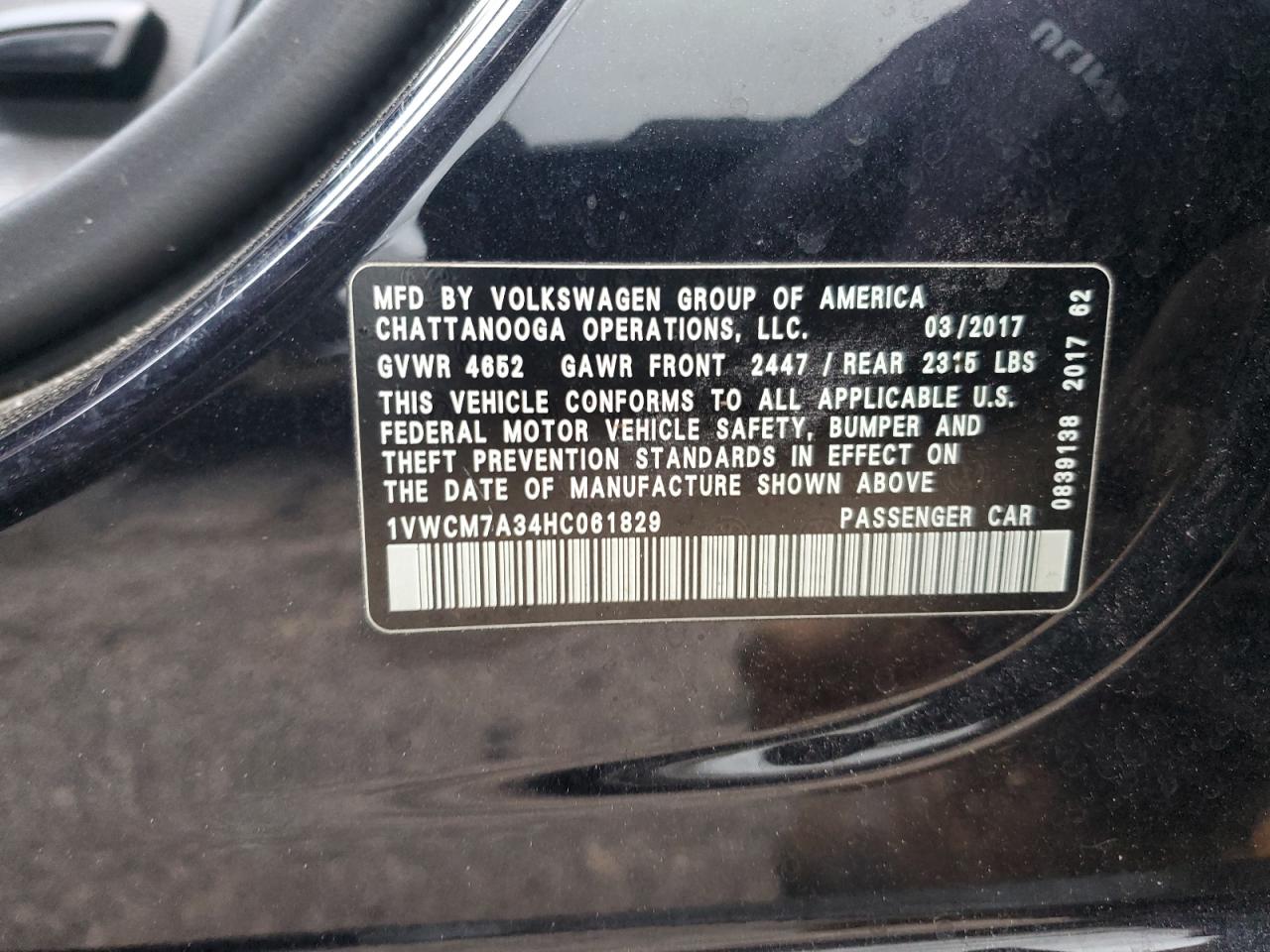 2017 Volkswagen Passat Sel Premium VIN: 1VWCM7A34HC061829 Lot: 88177705
