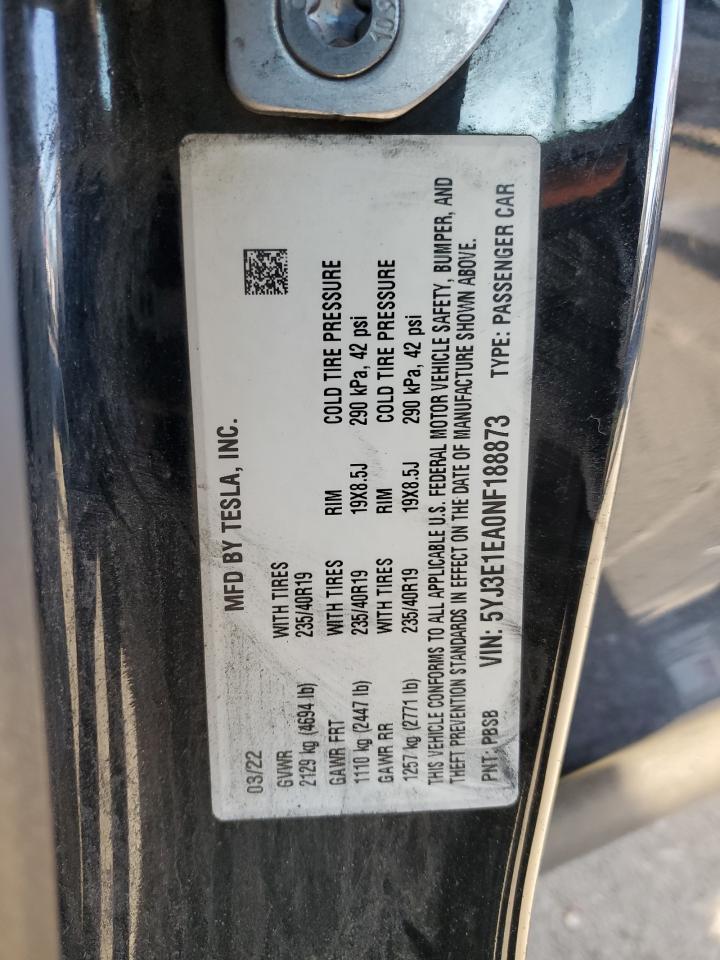 2022 Tesla Model 3 VIN: 5YJ3E1EA0NF188873 Lot: 89361615